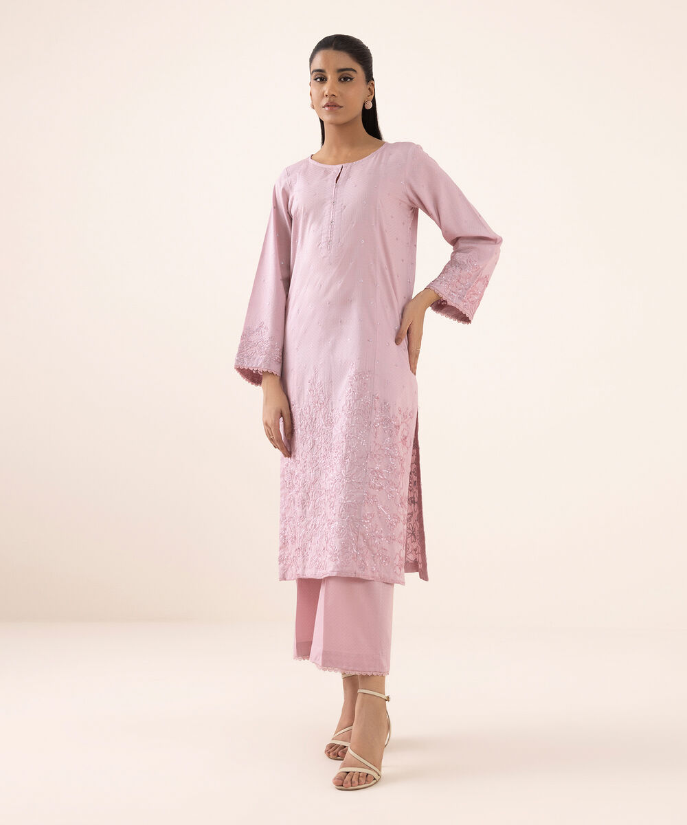 Women's RTW Dobby Pink Embroidered A-Line Shirt