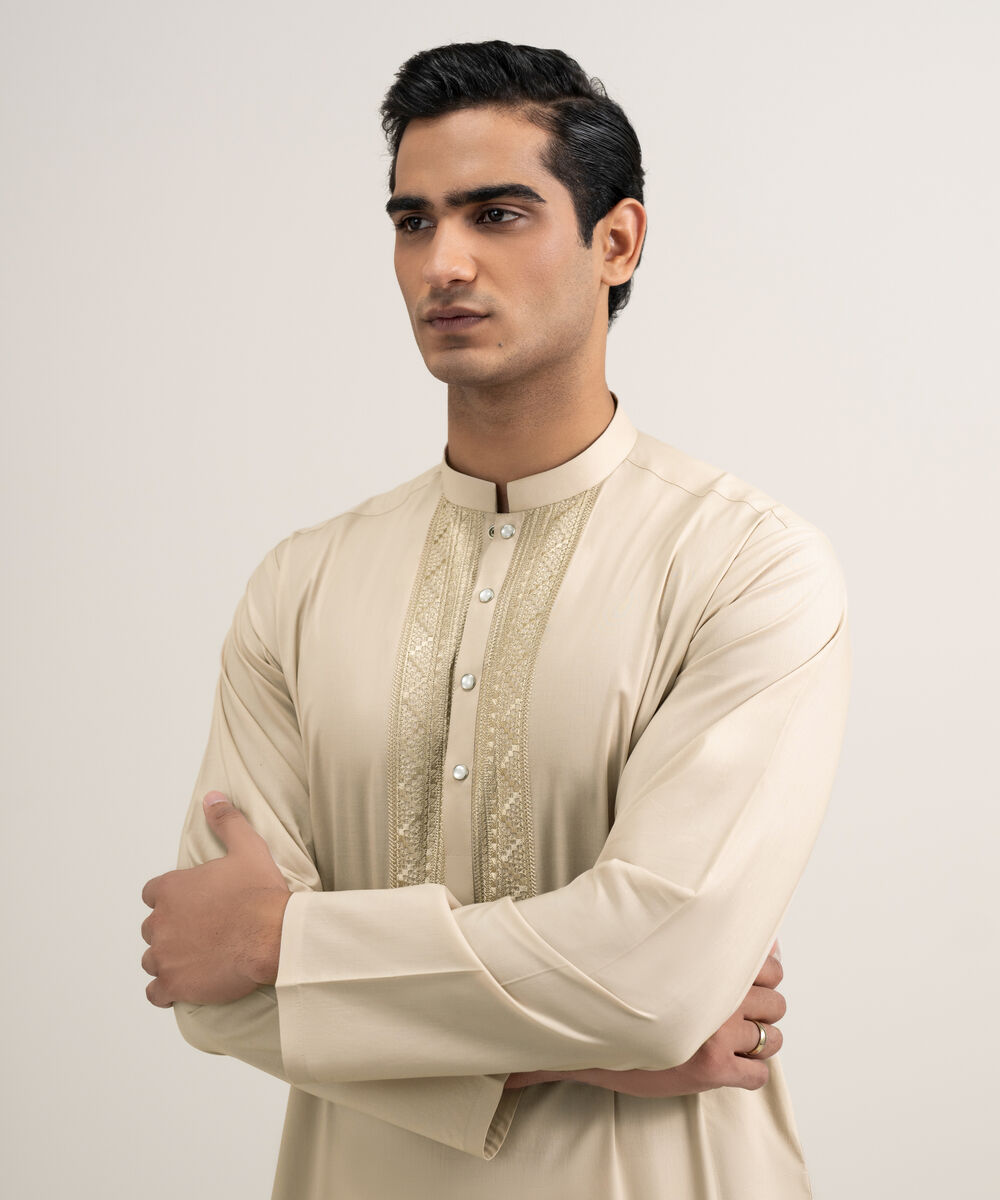 Men's Stitched Cotton Beige Kurta