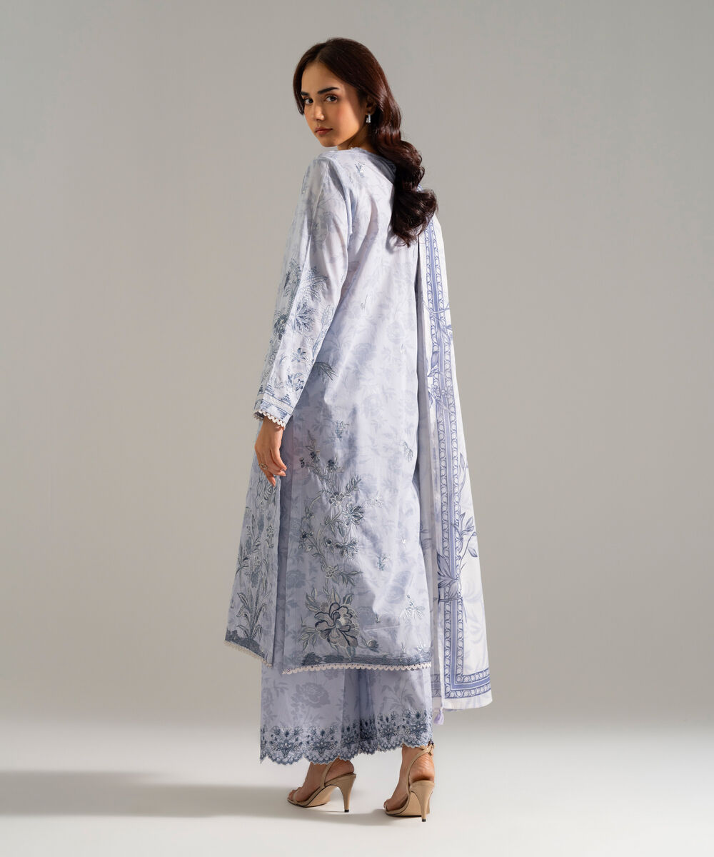 Women's RTW Lawn Embroidered Blue 3 Piece Suit