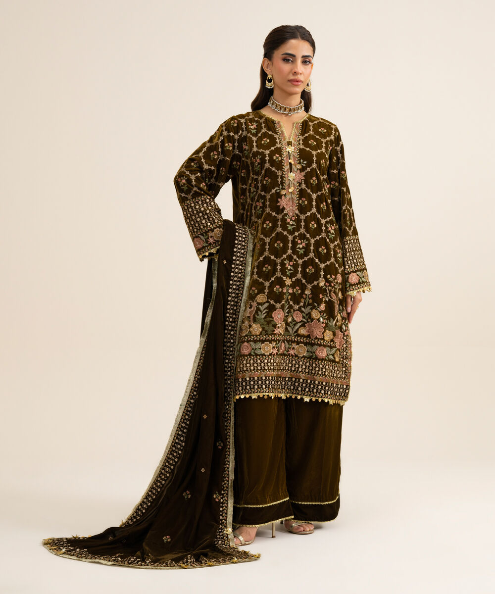 Women's Unstitched Velvet Embroidered Dark Brown 3 Piece Suit