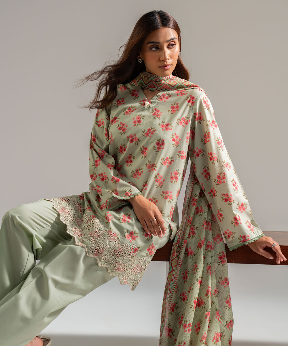 Women's RTW Lawn Embroidered Green 3 Piece Suit