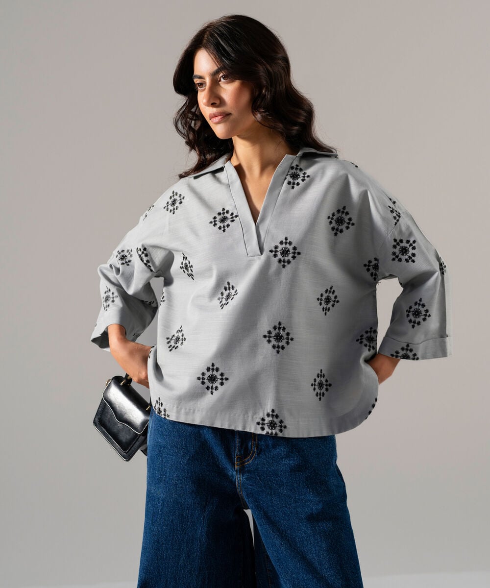 Women's RTW Solid Embroidered Steel Blue Khaddar Shirt
