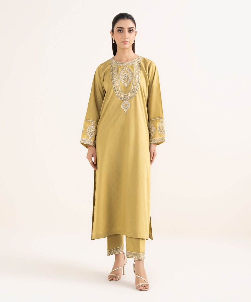 Women's RTW Self Jacquard Leno Embroidered Yellow A-Line Shirt