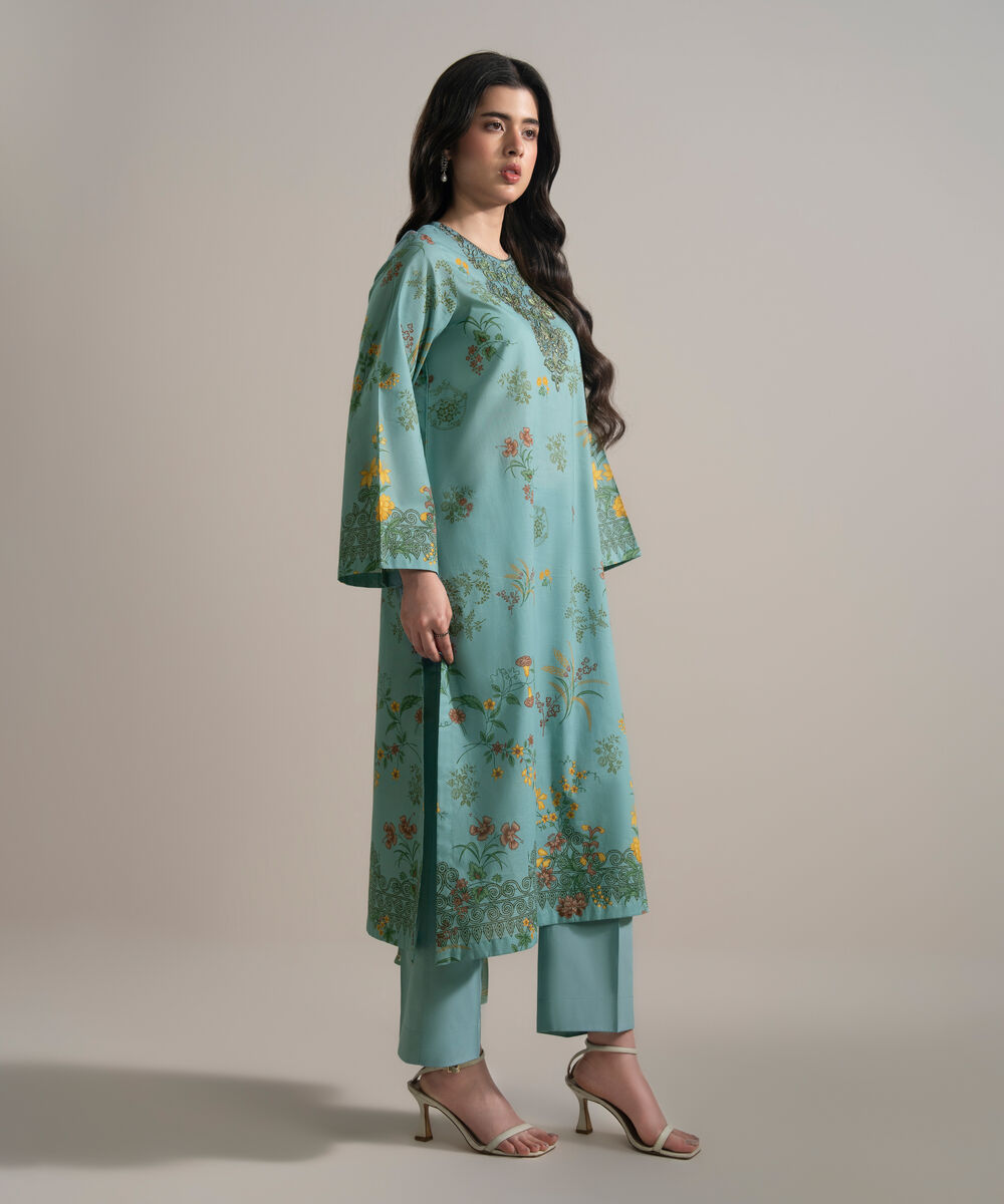 Women's RTW Slub Lawn Embroidered Blue 3 Piece Suit