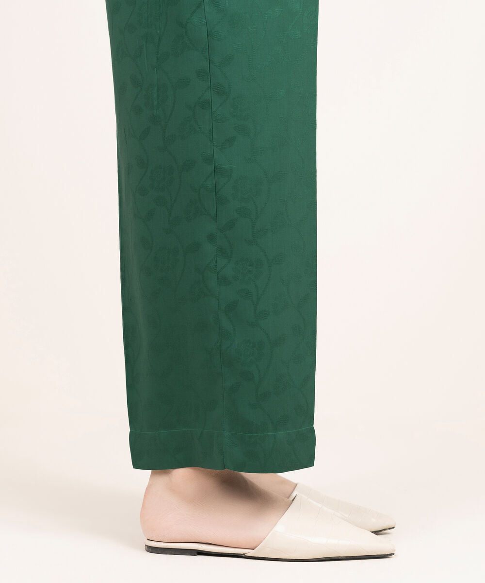 Women's RTW Arabic Self Jacquard Solid Green Straight Pants