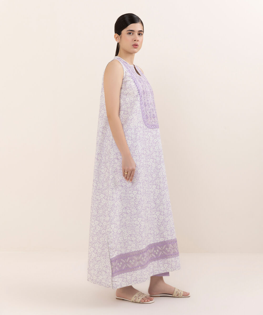 Women's Unstitched Cotton Embroidered Lilac Two Piece Suit