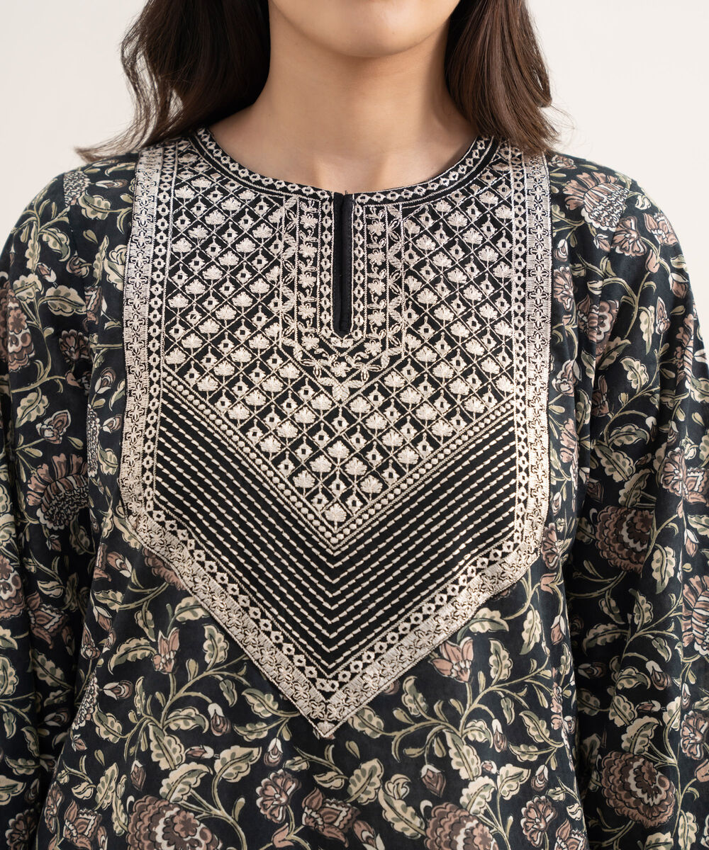 Women's RTW Dobby Embroidered Black 2 Piece Suit