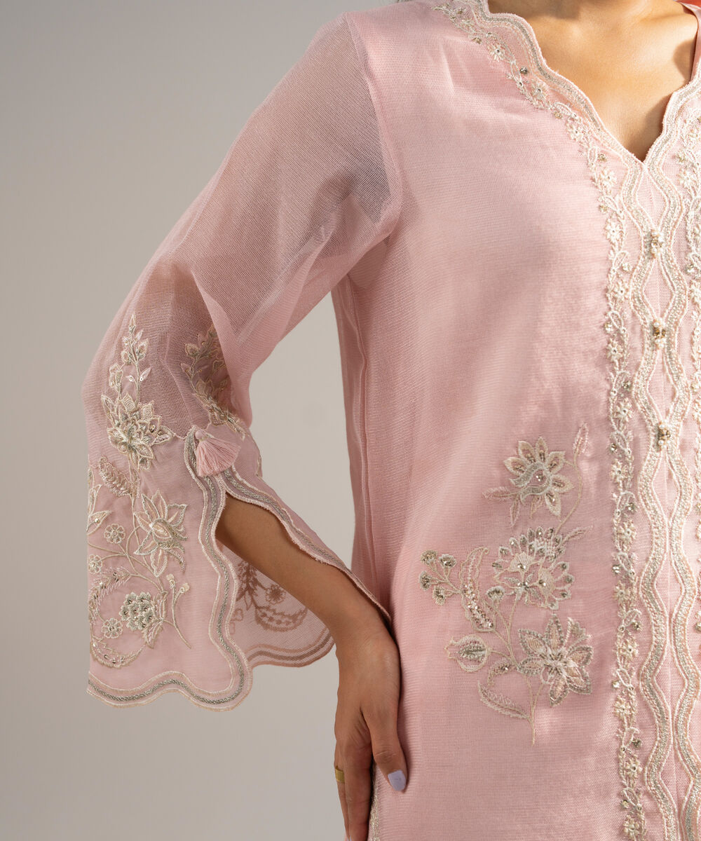 Women's RTW Khaddi Net Embroidered Baby Pink 3 Piece Suit