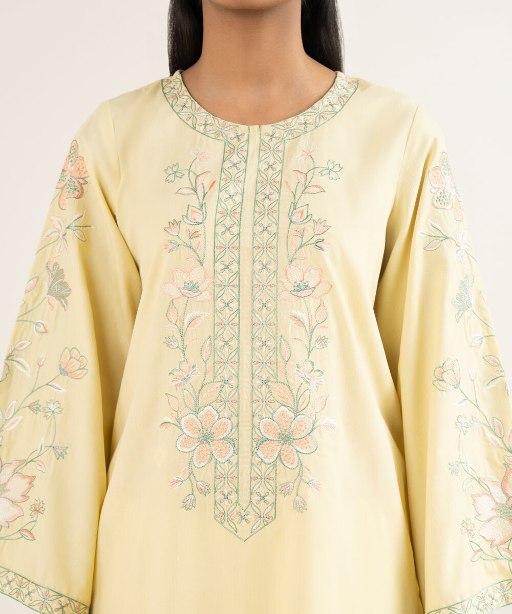 Women's RTW Self Jacquard Leno Embroidered Pale Yellow Straight Shirt