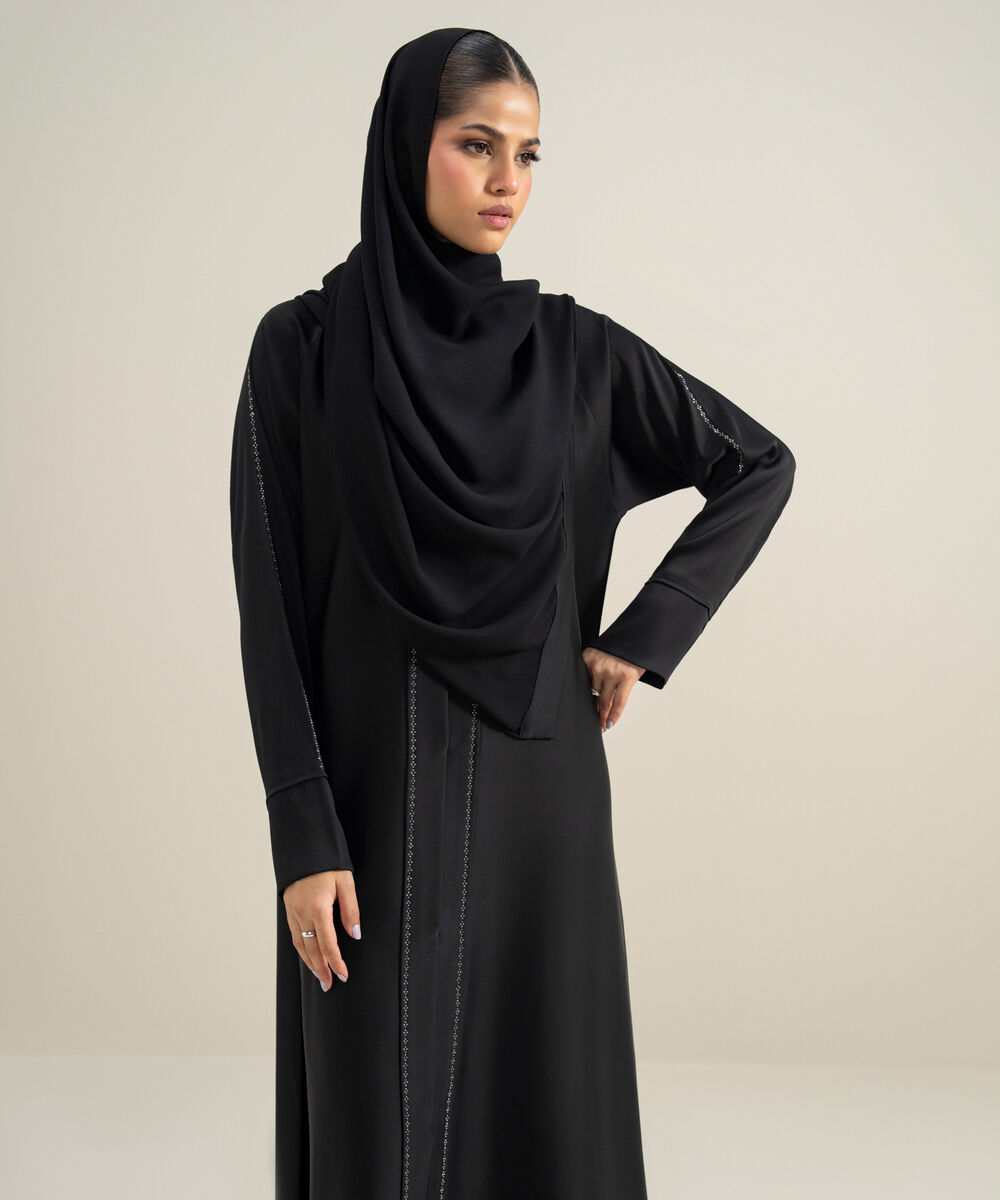 Women's Polyester Black Embellished Raglan Abbaya Set
