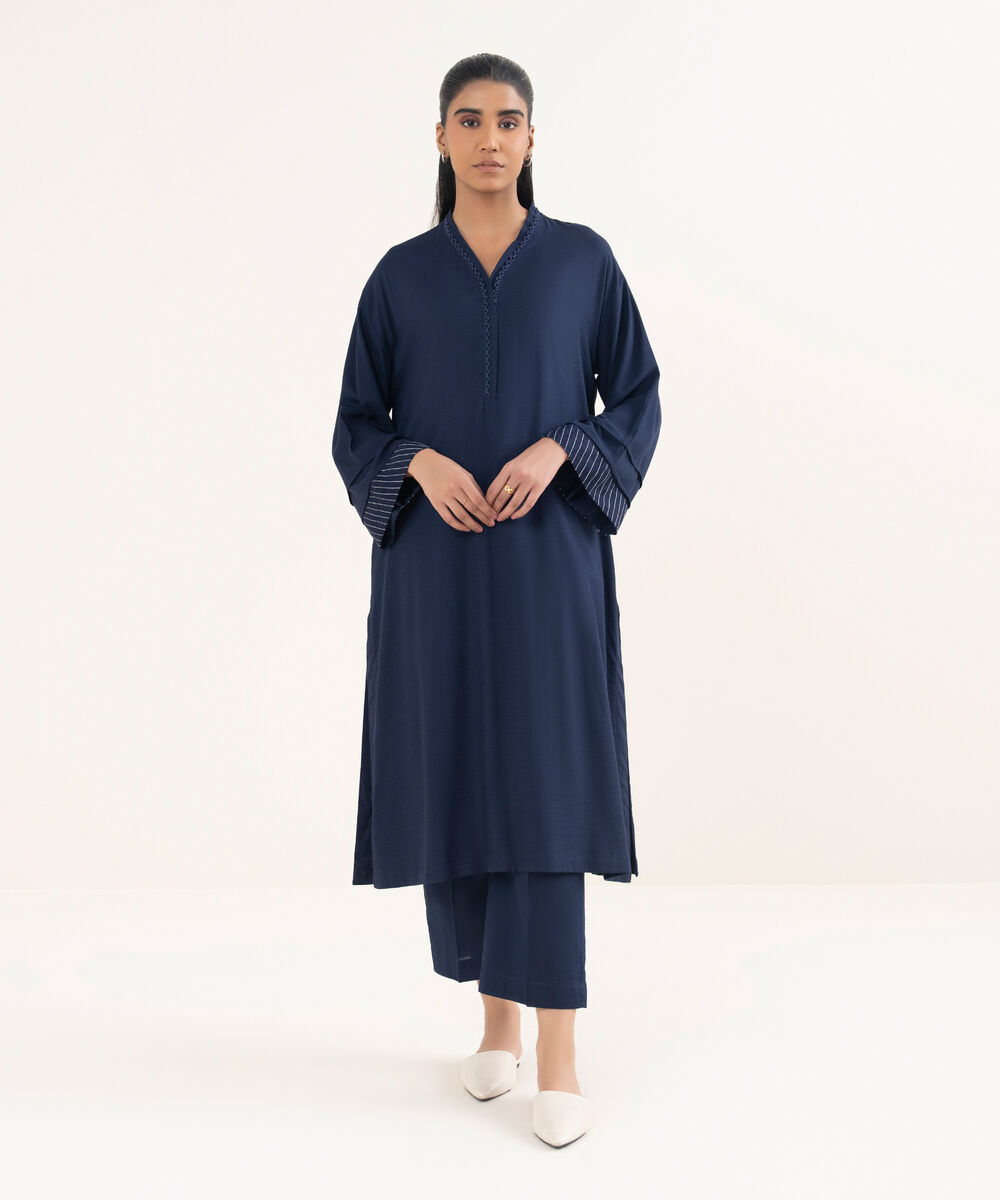 Women's RTW Textured Arabic Lawn Solid Blue Drop Shoulder Shirt