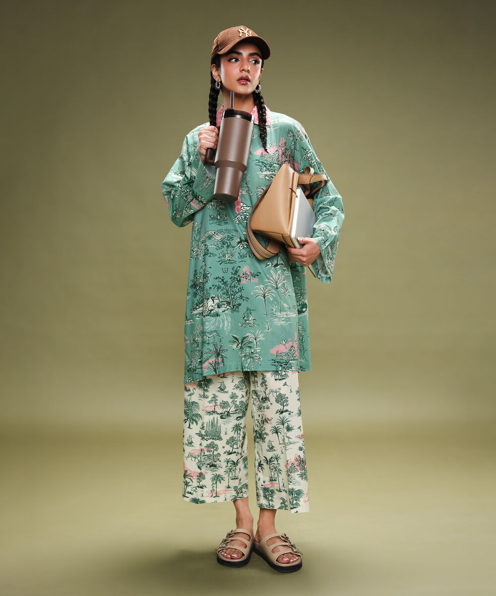 Women's RTW Lawn Printed Green Drop Shoulder Shirt