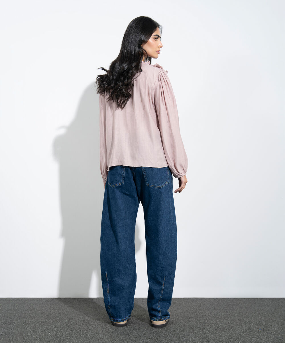 Women's Western Pink Textured Ruffled Top