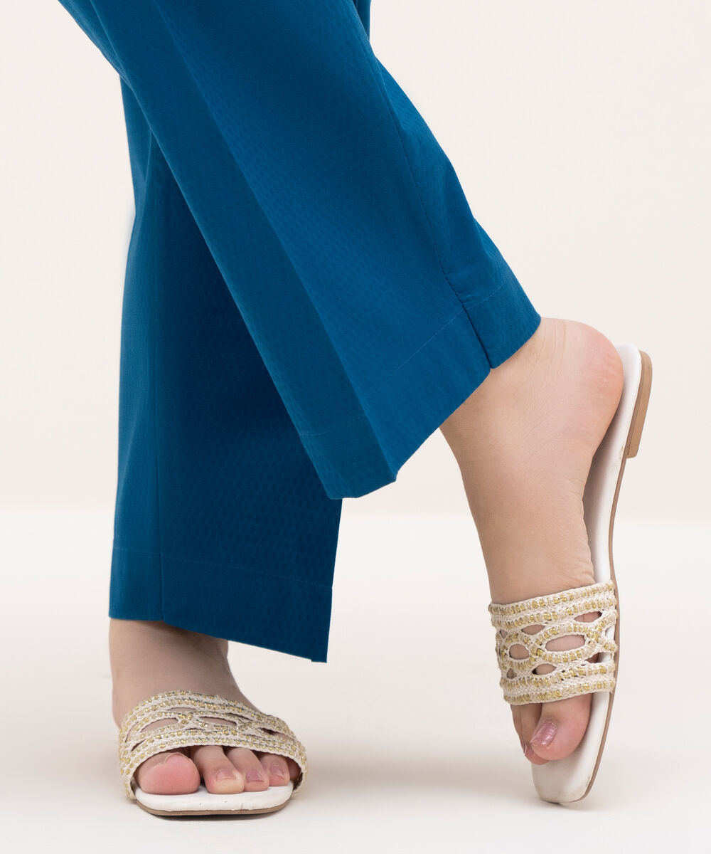 Women's RTW Textured Cotton Blue Solid Straight Pants