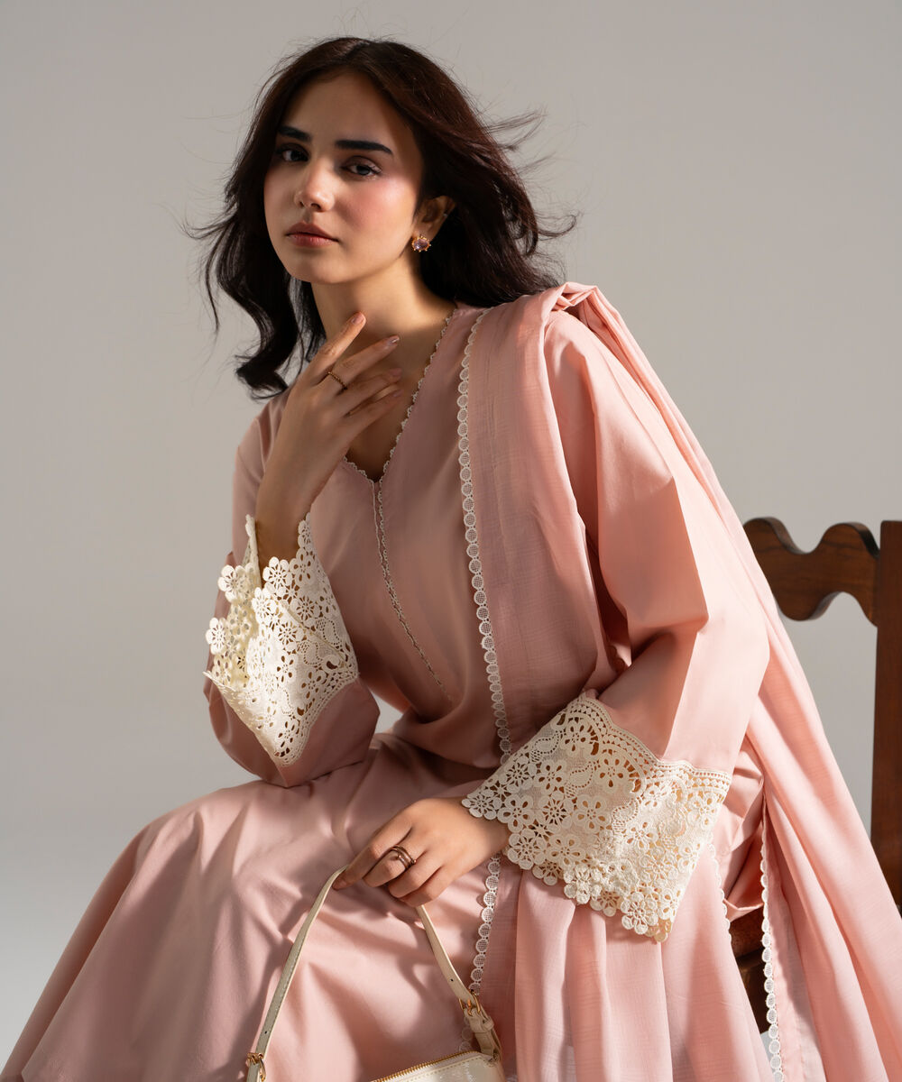 Women's RTW Cambric Printed Pink 3 Piece Suit