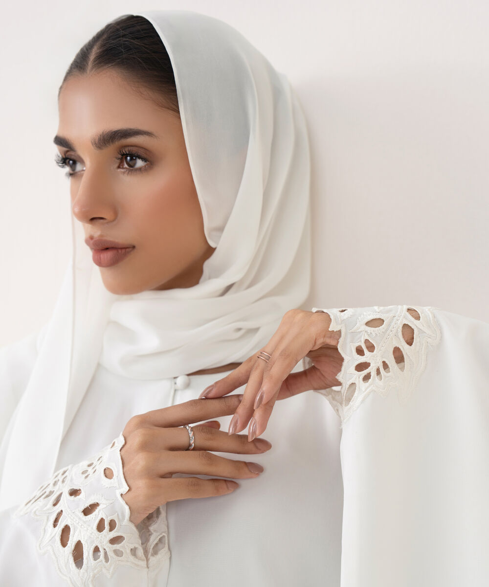 Women's White Polyester Abaya Set