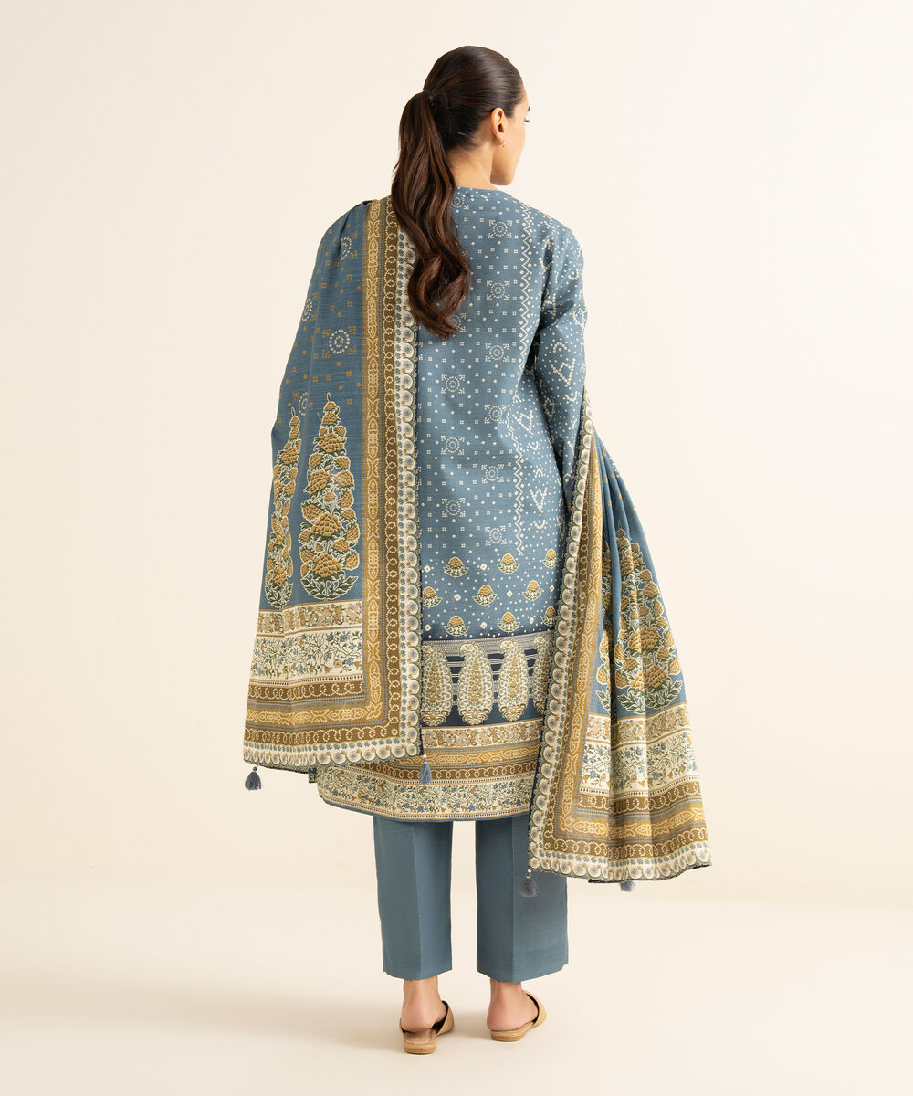 Women's Unstitched Khaddar Printed Blue 3 Piece Suit