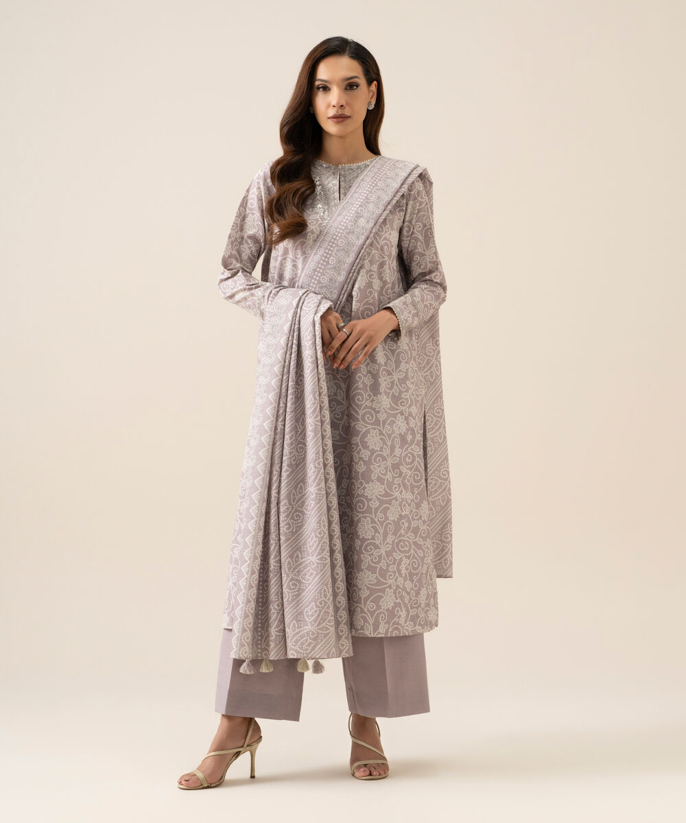 Women's Unstitched Light Khaddar Printed Light Grey 3 Piece Suit