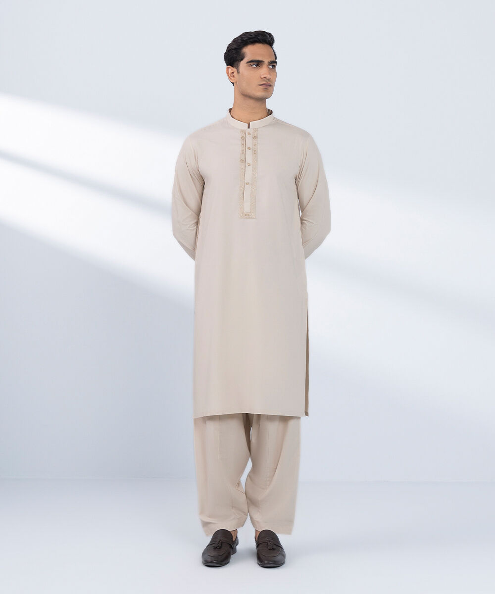 Men's Stitched Embroidered Beige 2 PC Suit