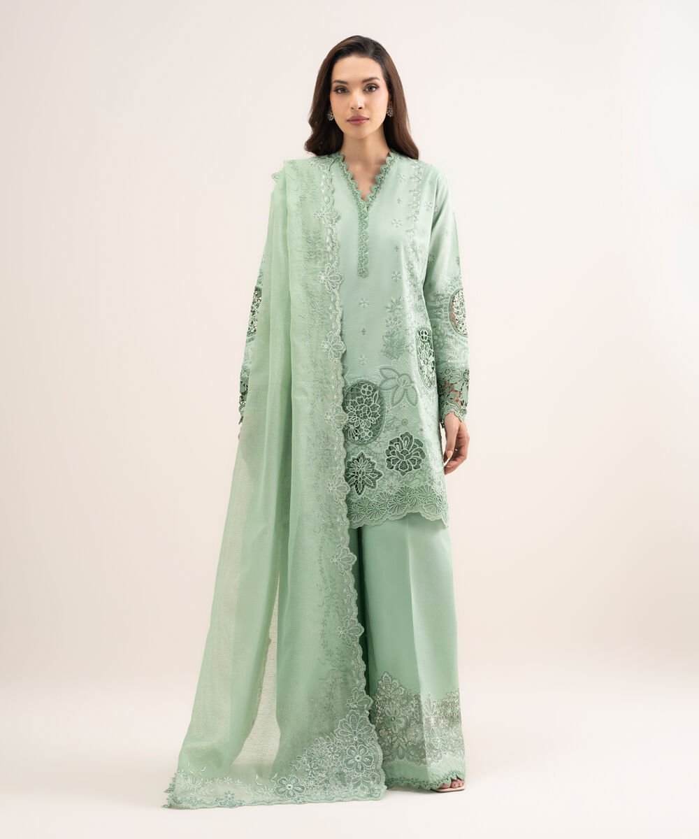 Women's Unstitched Lawn Embroidered Green 3 Piece Suit
