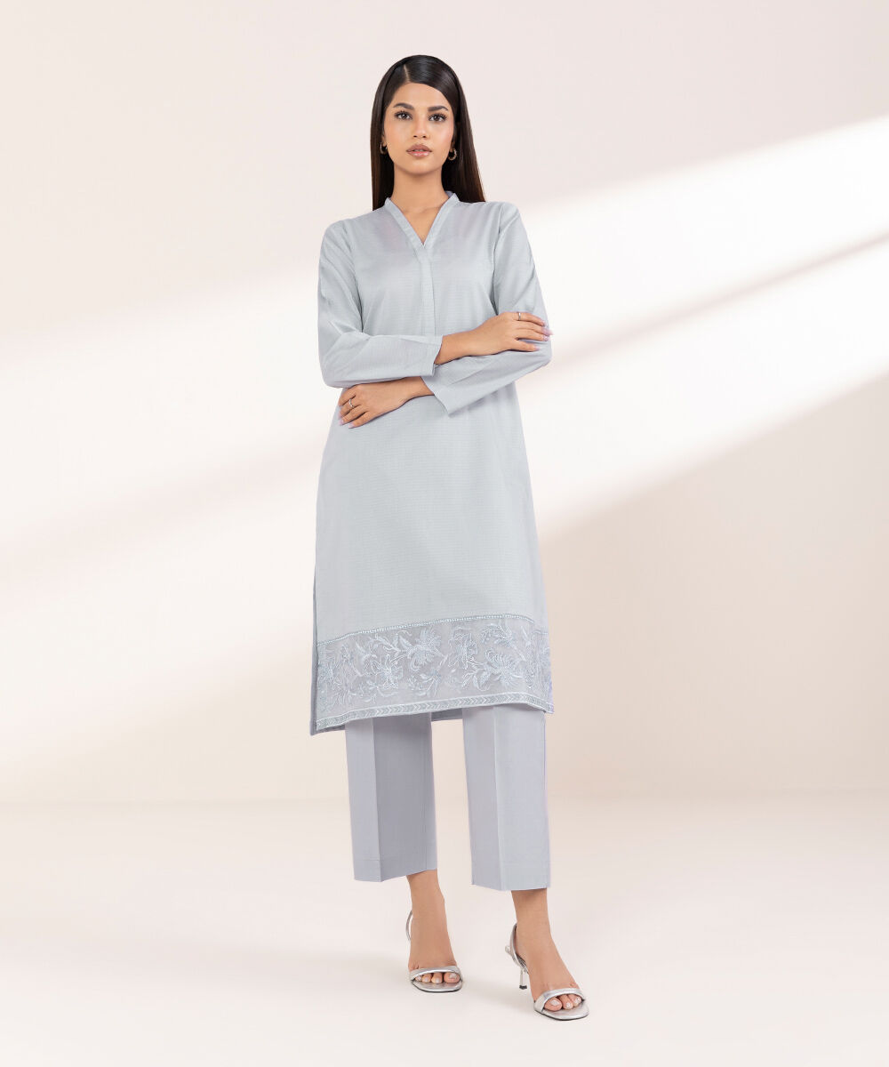 Women's RTW Dobby Purple Embroidered A-Line Shirt