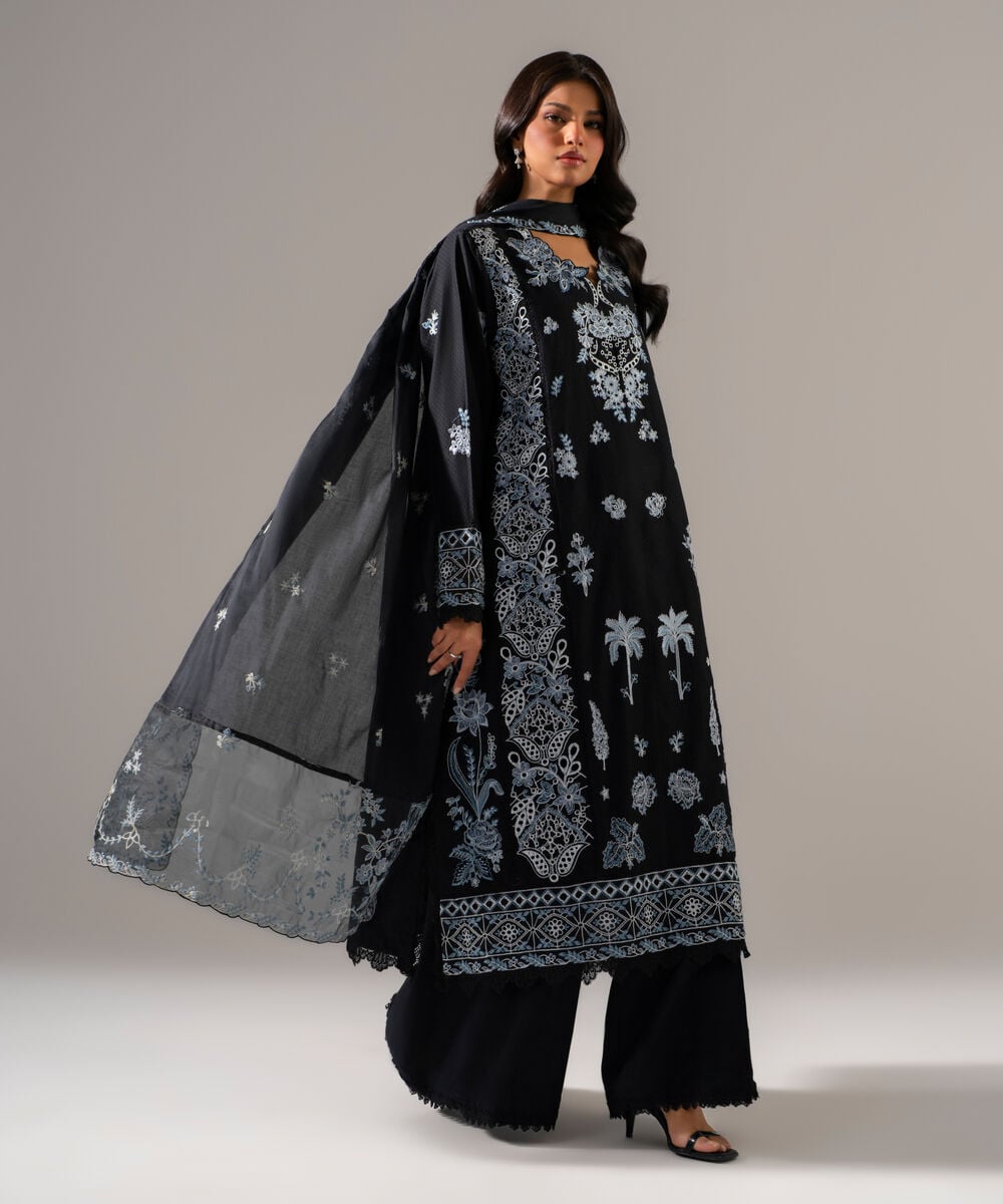 Women's RTW Dobby Solid Embroidered Black 3 Piece Suit