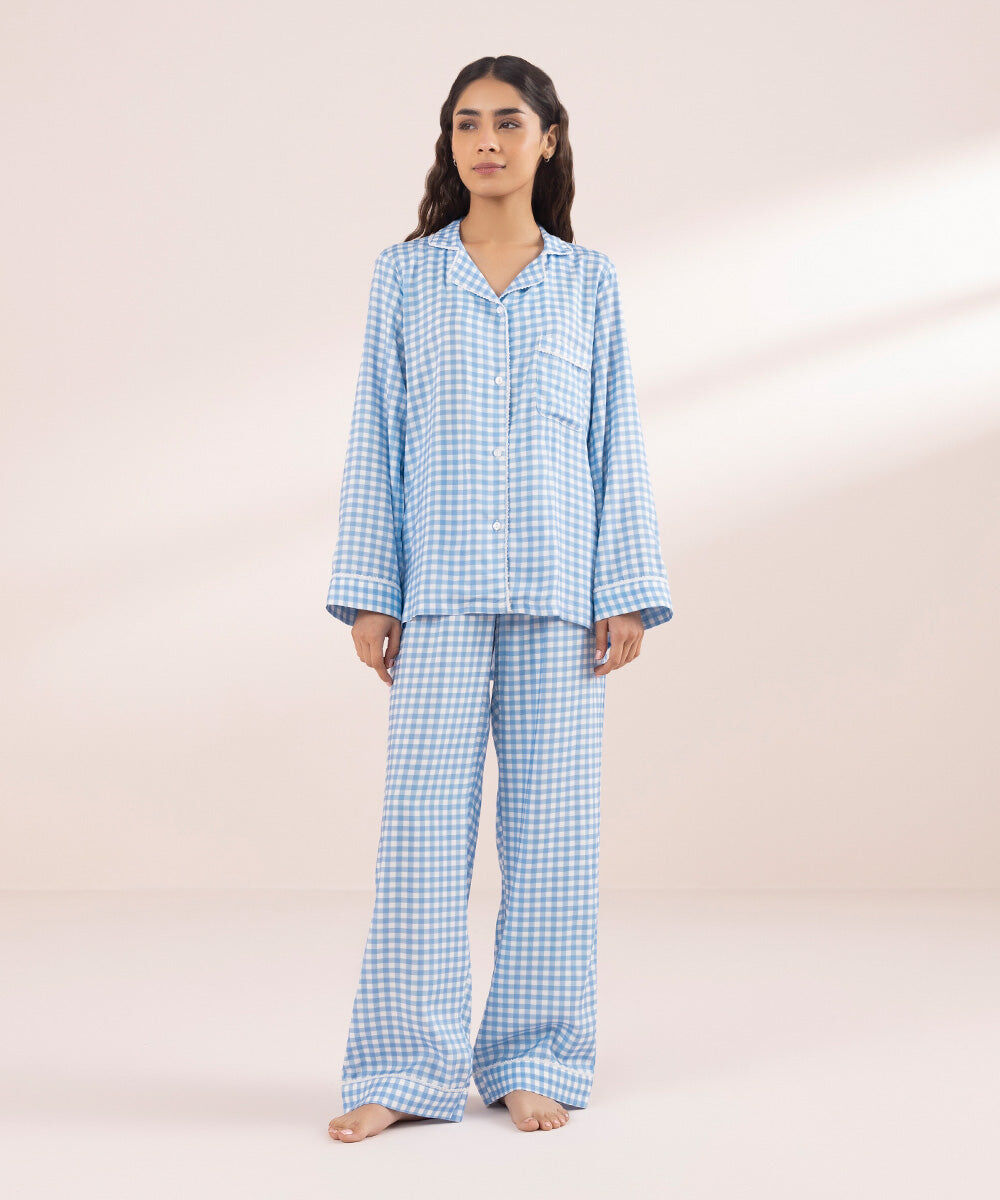 Women's Sleepwear Checkered Viscose PJ Set with lace