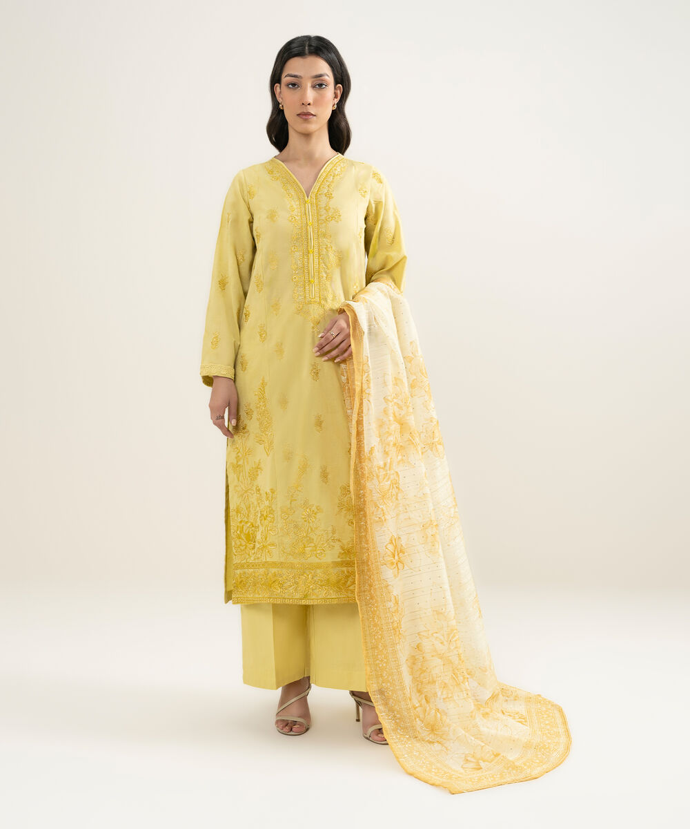 Women's RTW Self Jacquard Embroidered Yellow A-Line Shirt