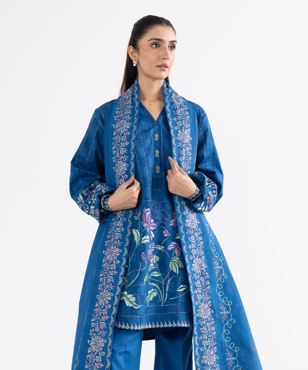 Women's Unstitched Cotton Jacquard Embroidered Blue 3 Piece Suit