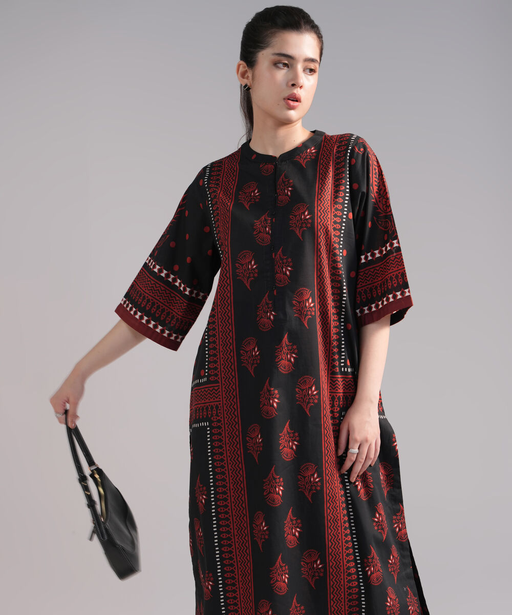 Women's RTW Slub Lawn Printed Black A-Line Shirt