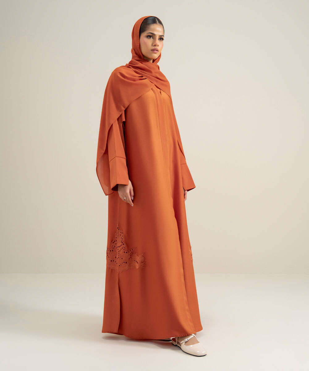 Women's Polyester Orange Embroidered Regular Abbaya Set