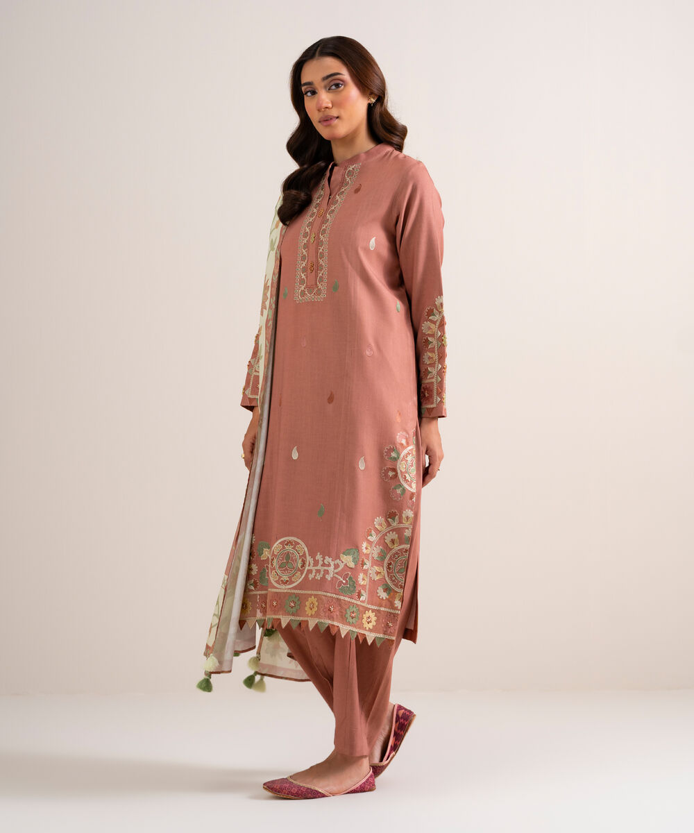 Women's Unstitched Embroidered Linen Tea Pink 3 Piece Suit