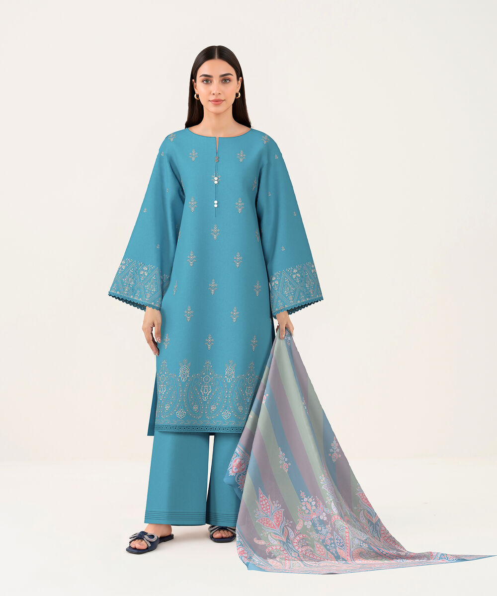 Women's Unstitched Lawn Blue Embroidered 3 Piece Suit