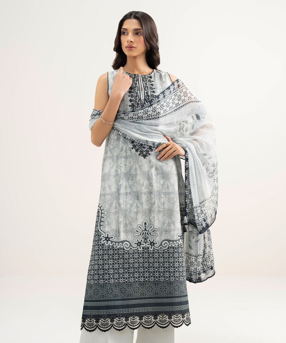 Women's Unstitched Lawn Embroidered Grey 3 Piece Suit