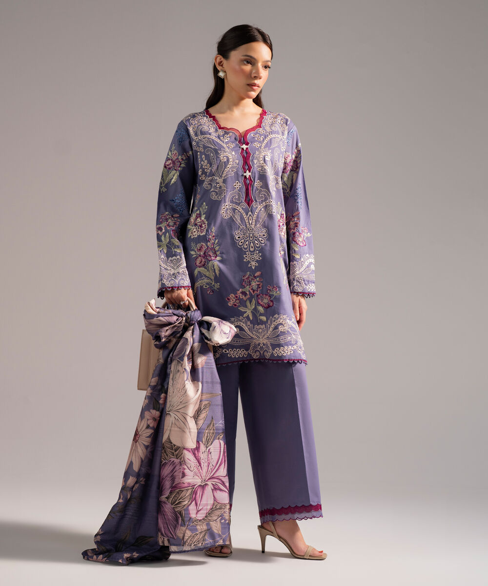 Women's RTW Slub Lawn Embroidered Steel Blue 3 Piece Suit