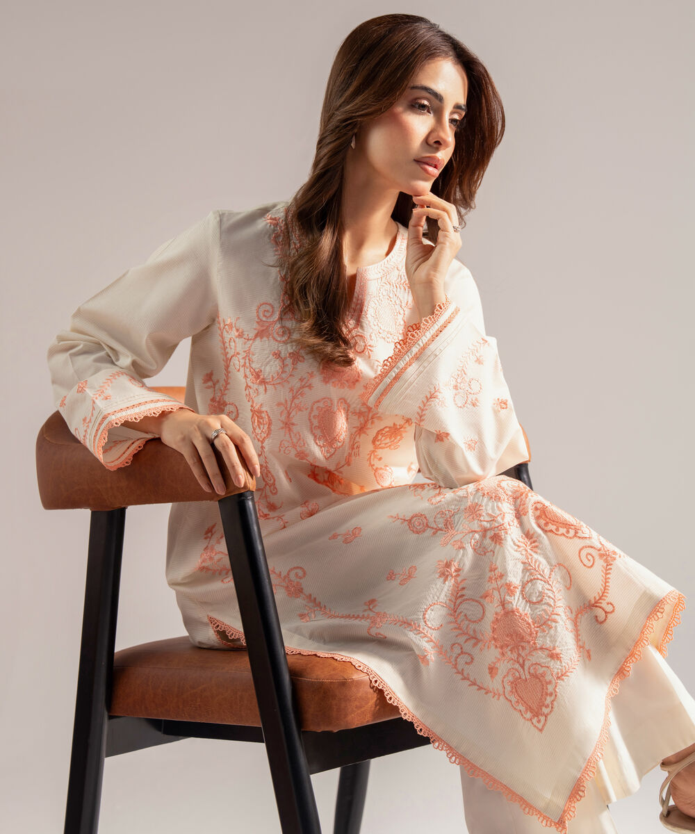Women's RTW Zari Lawn Embroidered A-Line Off White Shirt