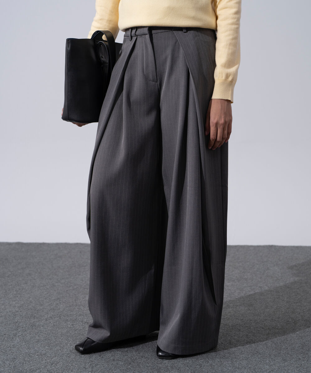 Women's Western Wear Grey Polyester Pleated Wide Leg Trousers