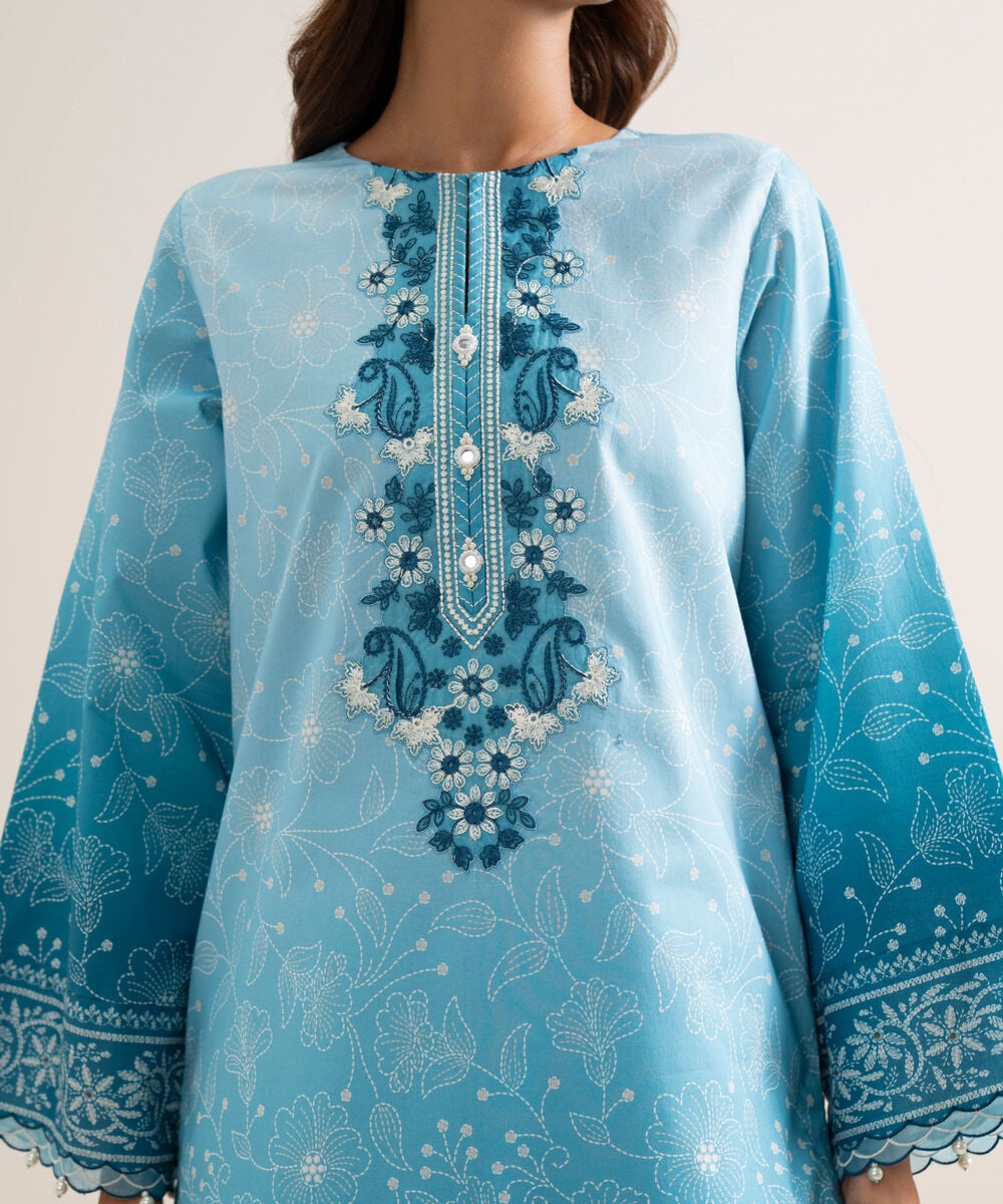 Women's Unstitched Lawn Embroidered Blue  3 Piece Suit