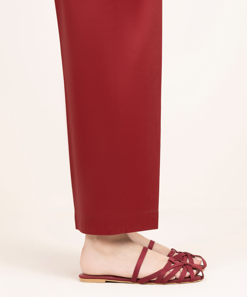 Women's RTW Linen Solid Maroon Straight Pants