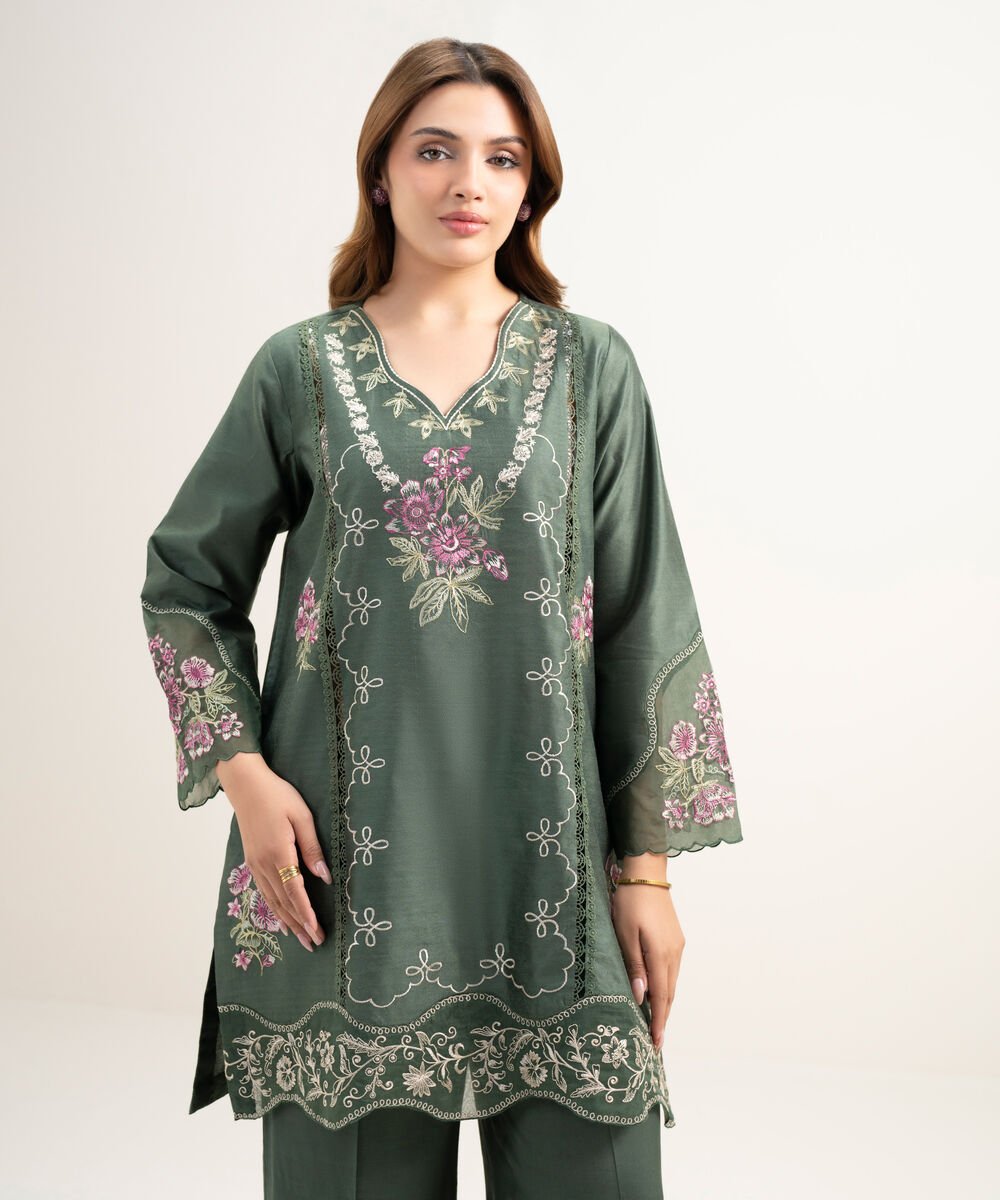 Women's RTW Silk Cotton Net Embroidered Dark Green 2 Piece Suit