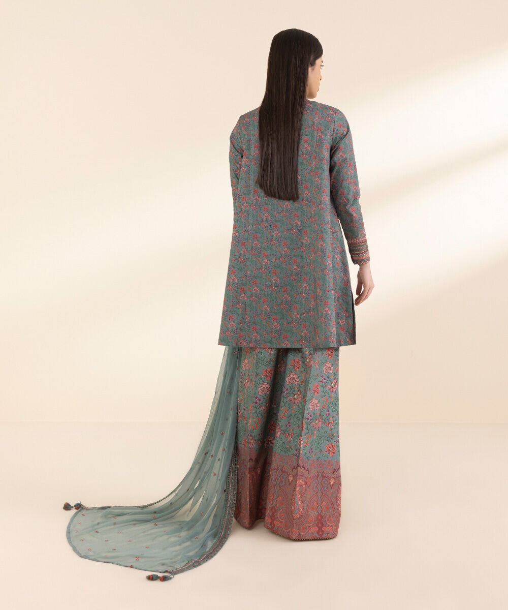 Unstitched Women's Embroidered Lawn Green Three Piece Suit