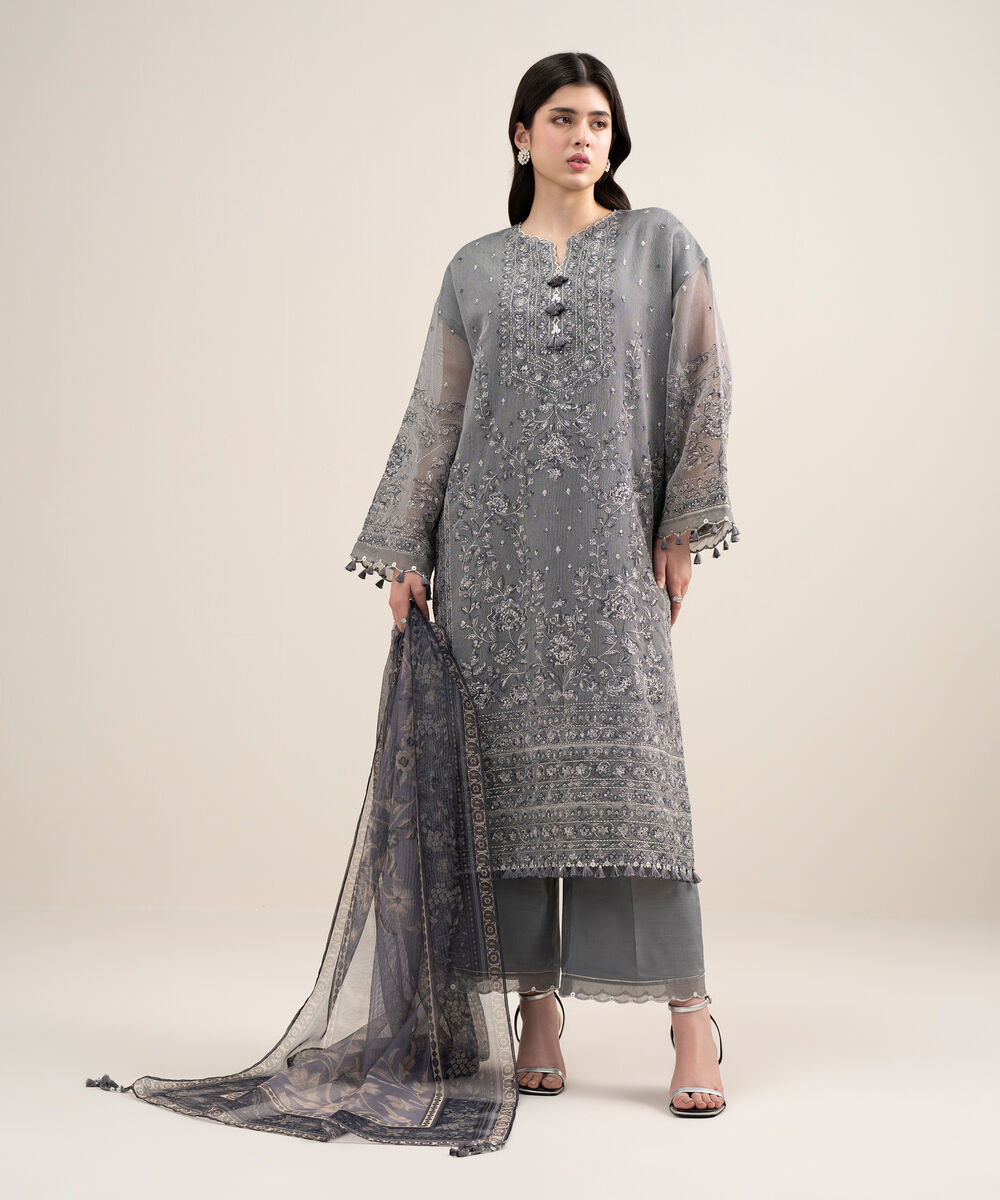 Women's Unstitched Blended Viscose Khaddi Net Embroidered Grey 3 Piece Suit