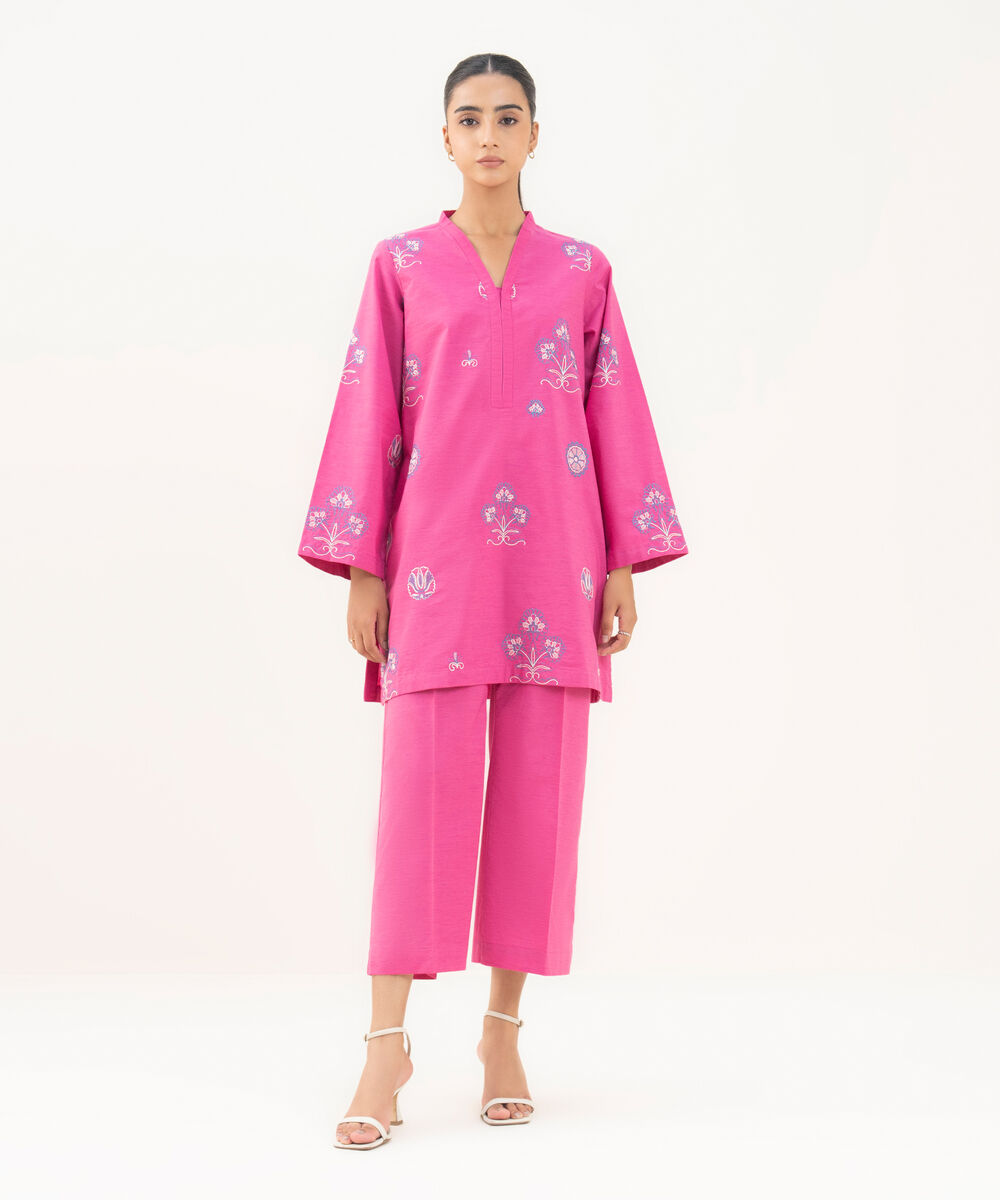 Women's RTW Textured Cotton Pink Embroidered A-Line Shirt