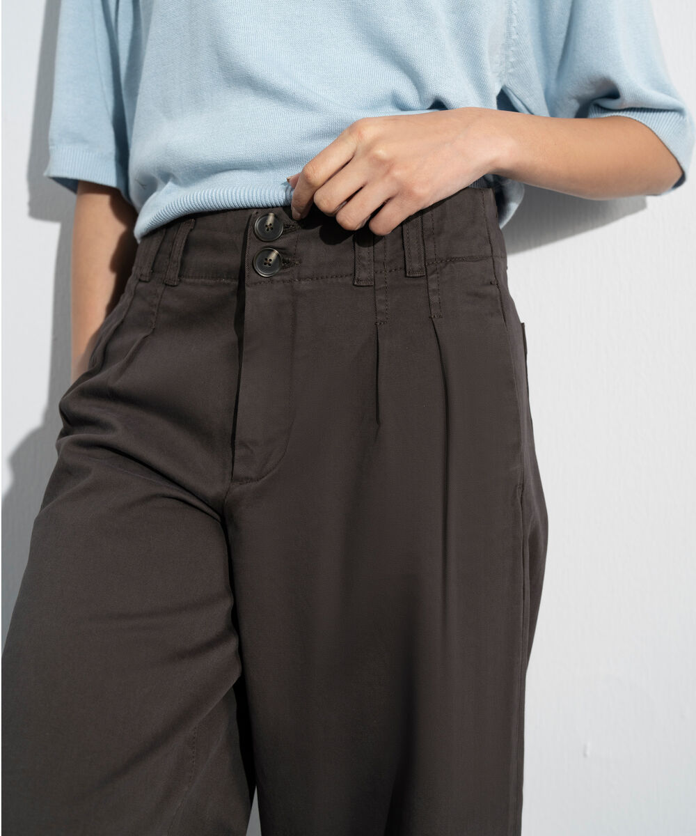 Women's Western Brown Wide Leg Pleated Chino Trousers