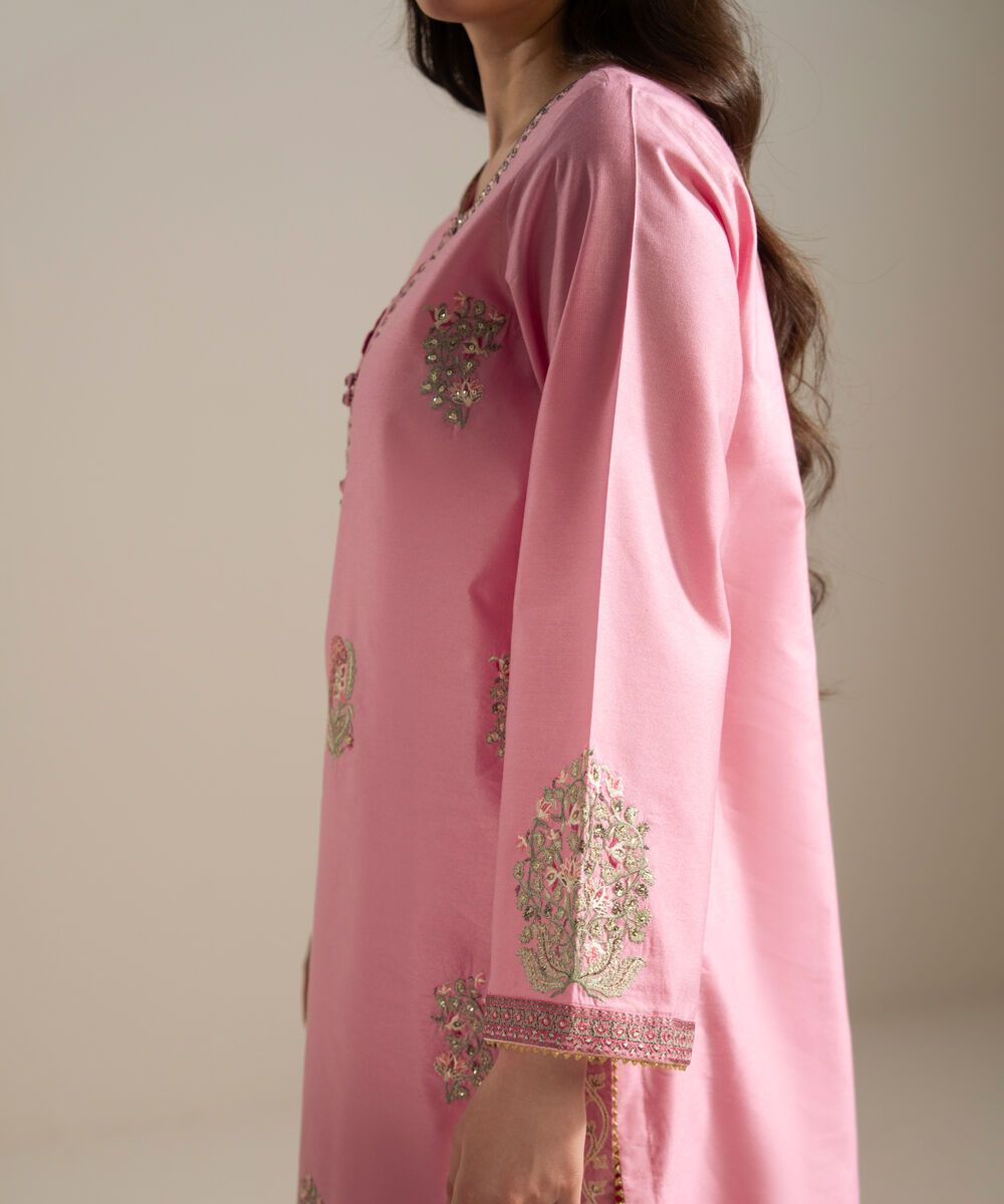 Women's RTW Silk Cotton Net Embroidered Pink 3 Piece Suit