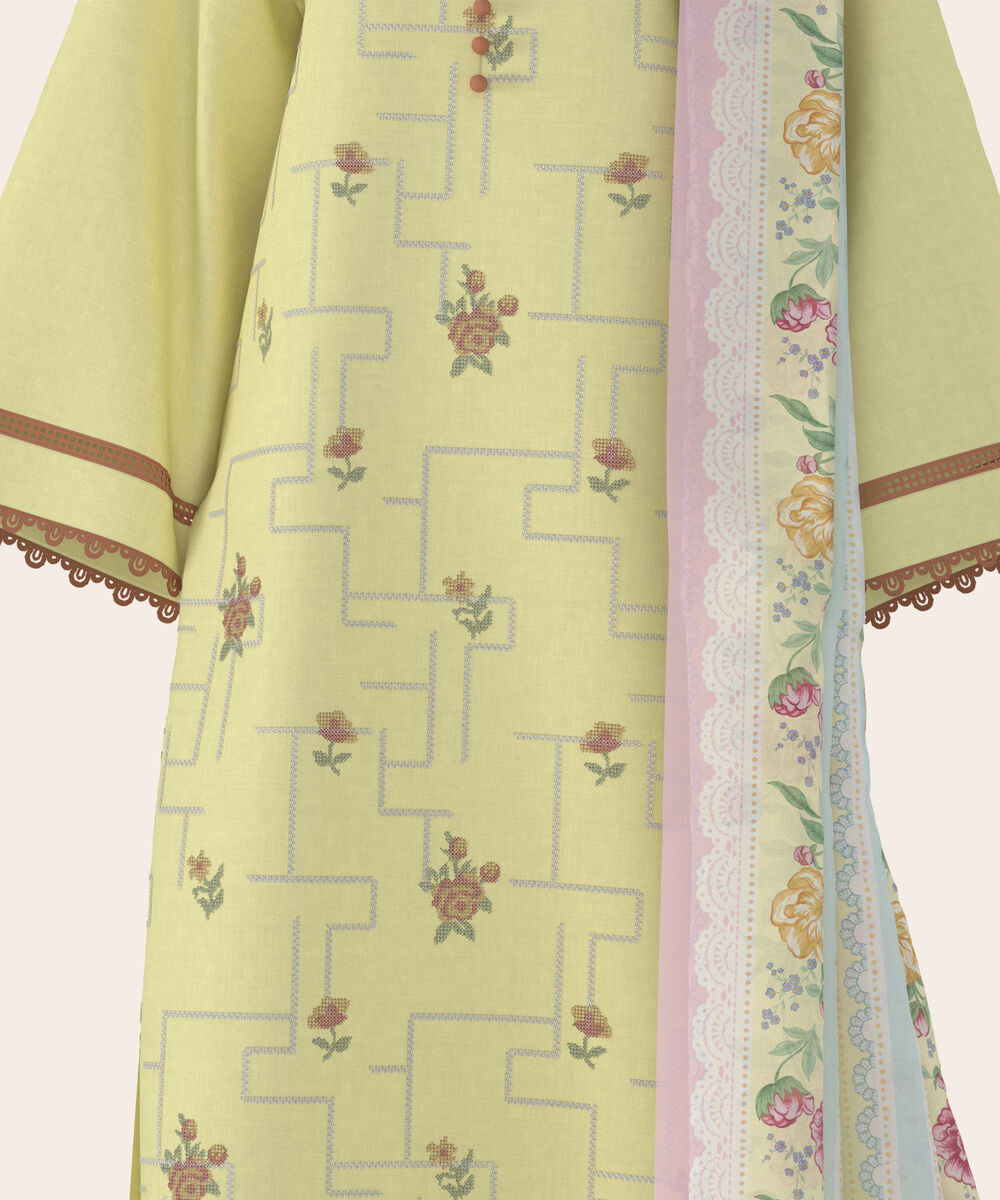 Women's Unstitched Self Jacquard Light Yellow  Embroidered 3 Piece Suit