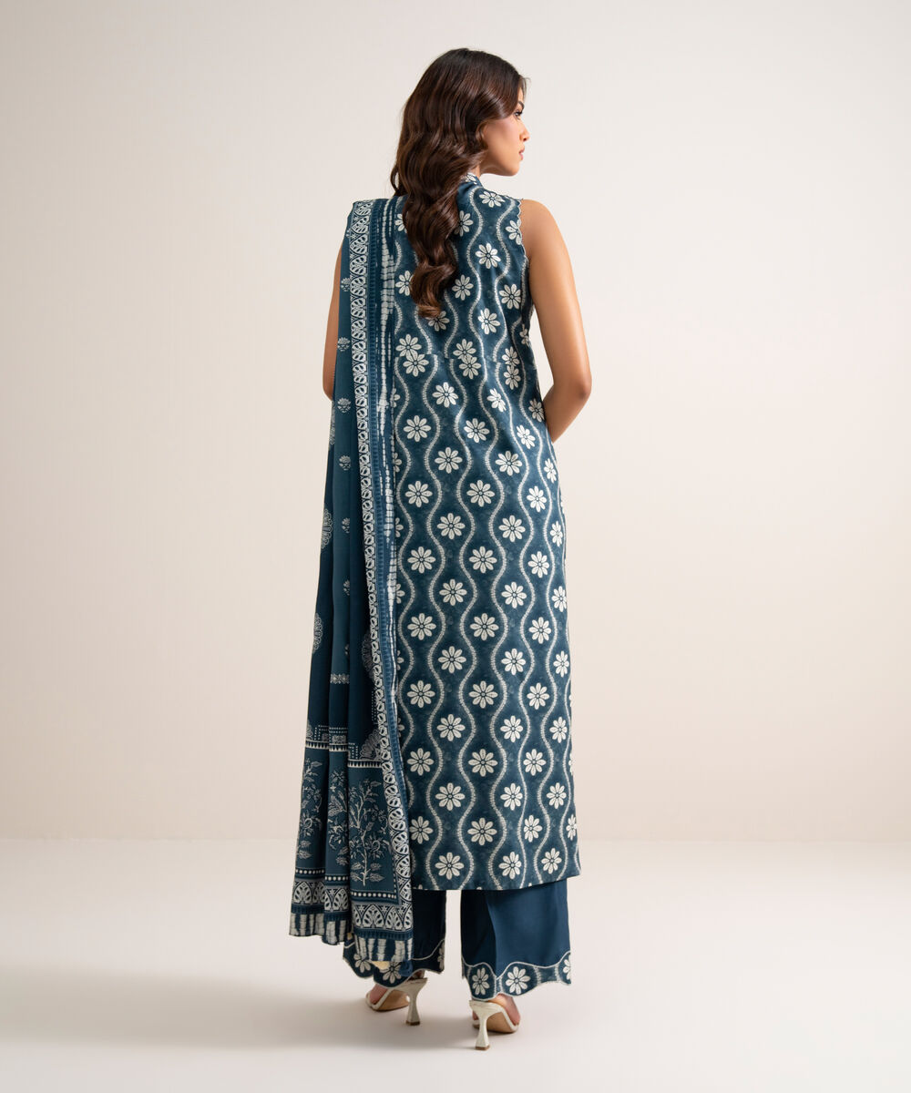 Women's Unstitched Embroidered Linen Blue 3 Piece Suit