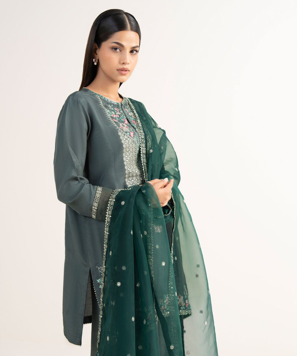 Women's RTW Raw Silk Grey Embroidered 3 Piece Suit