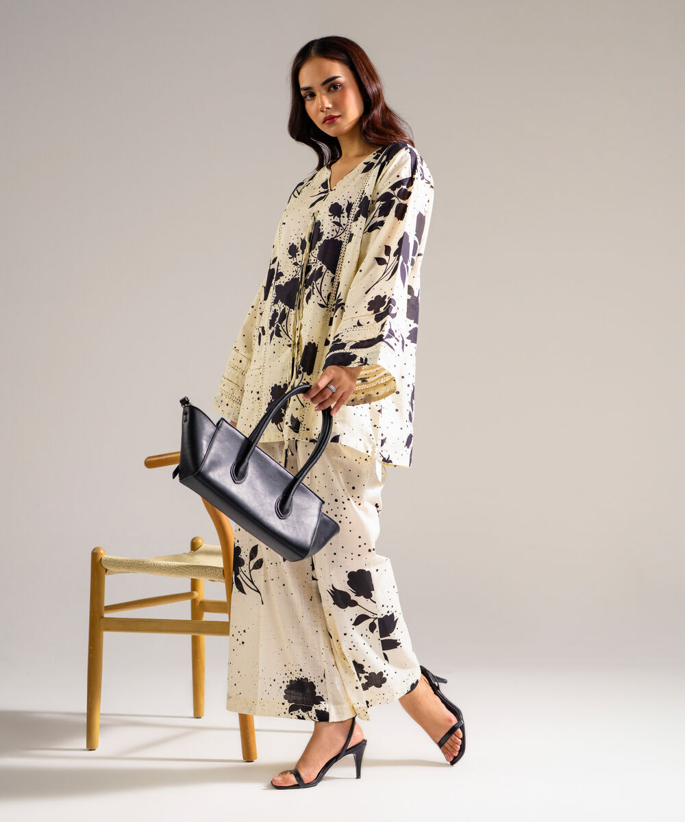 Women's RTW Slub Lawn Printed White Drop Shoulder Shirt