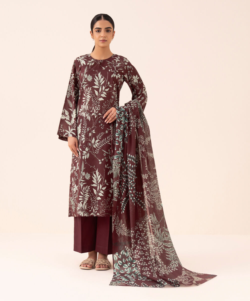 Women's Unstitched Cotton Printed Maroon Three Piece Suit